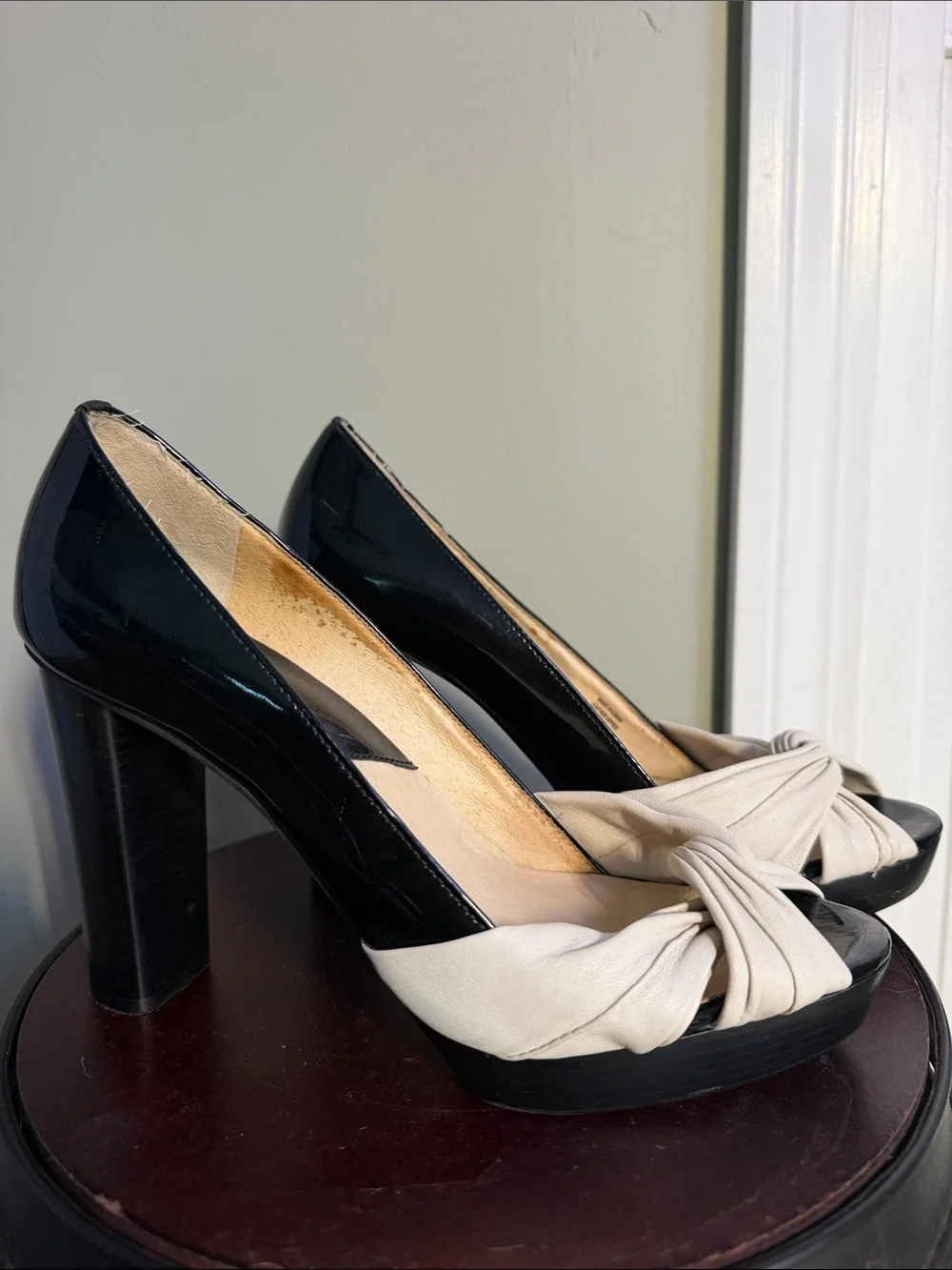 Michael Kors Black Patent & Cream Knot Peep-Toe Heels